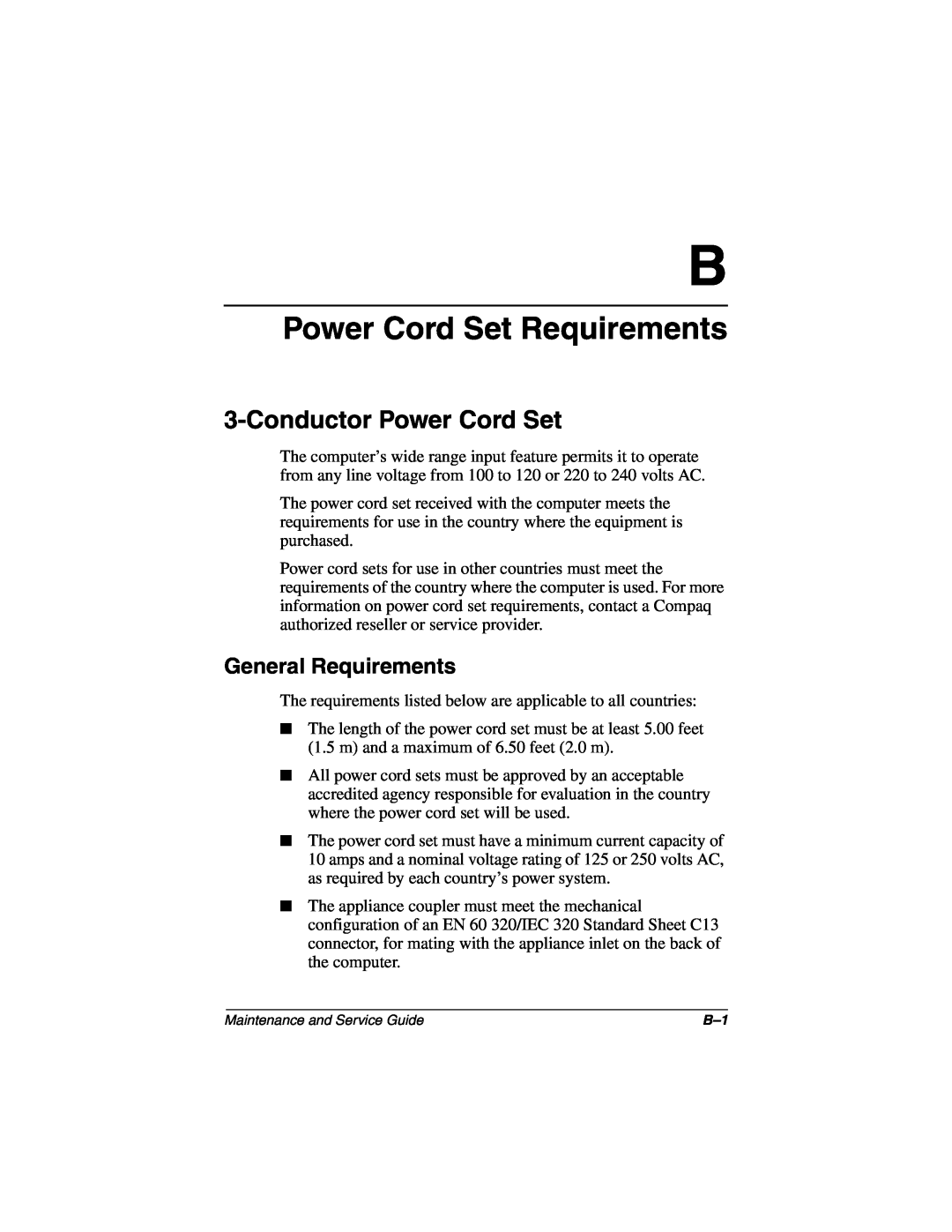 Compaq N160 manual Power Cord Set Requirements, Conductor Power Cord Set, General Requirements 