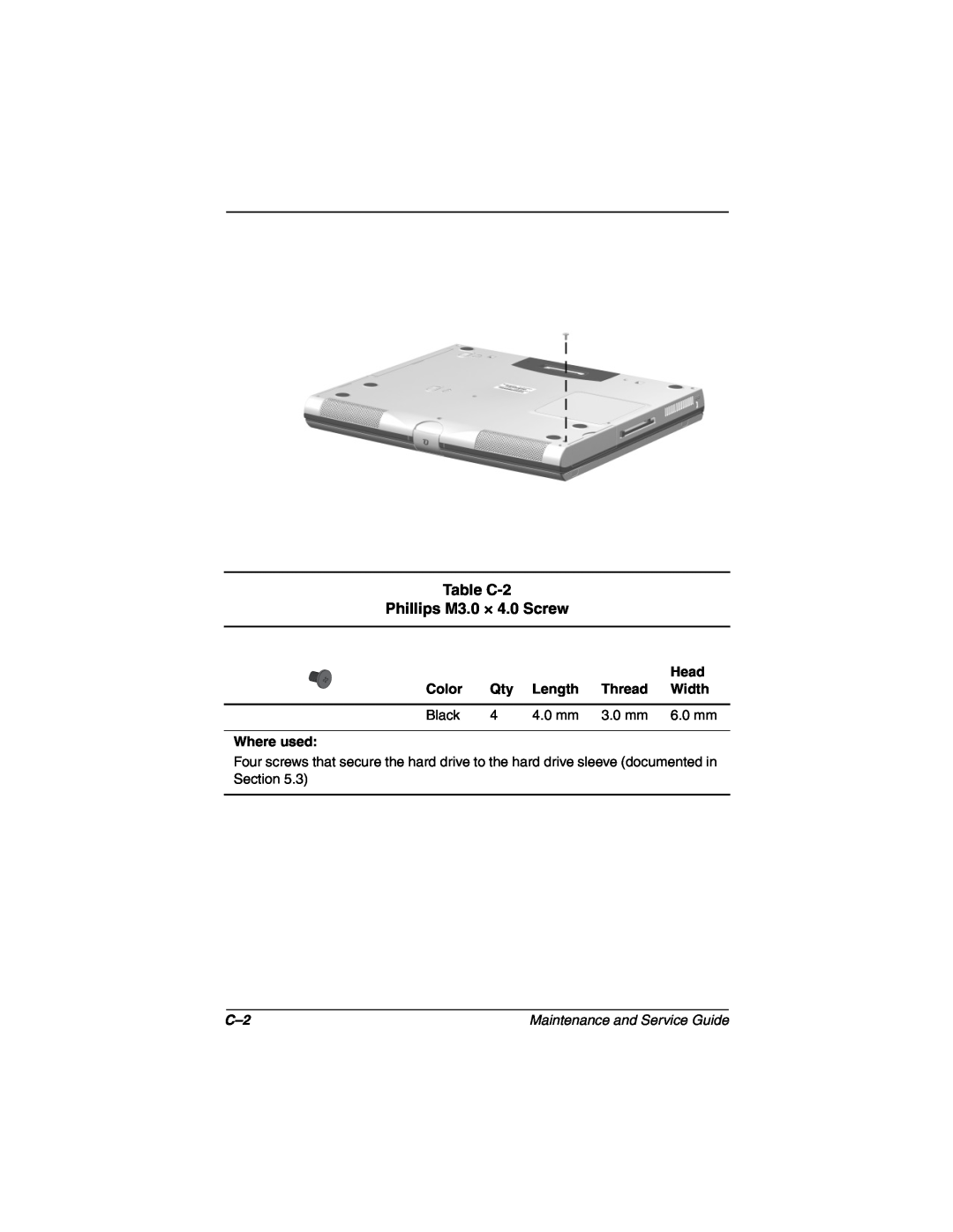 Compaq N160 manual Table C-2 Phillips M3.0 × 4.0 Screw 