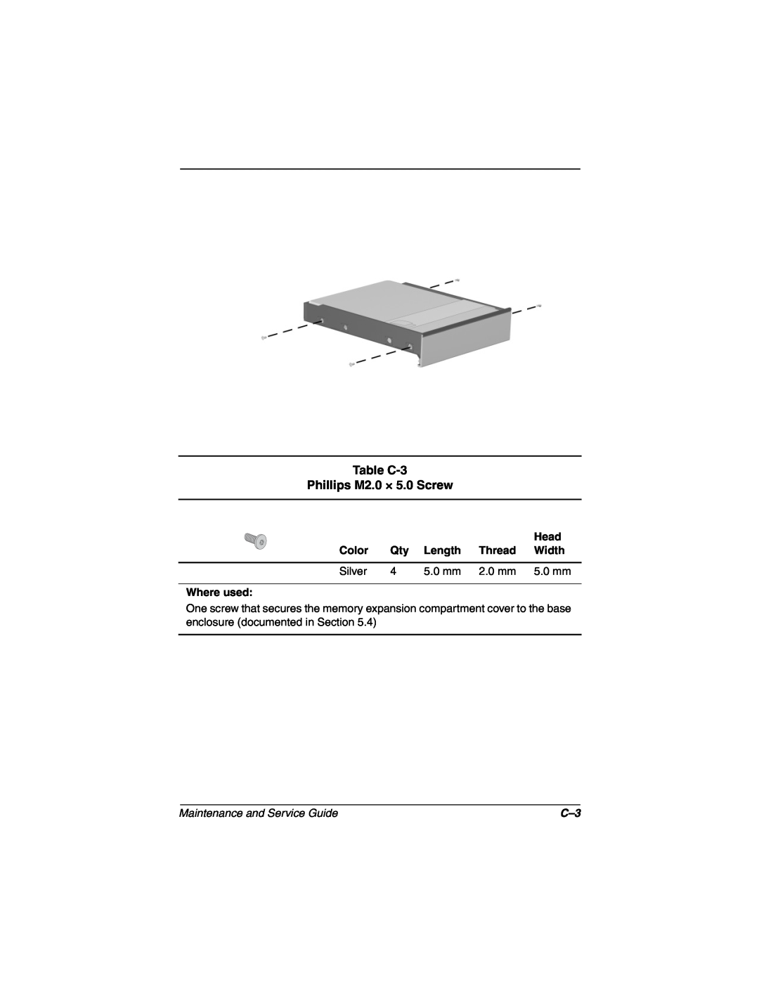 Compaq N160 manual Table C-3 Phillips M2.0 × 5.0 Screw, Maintenance and Service Guide 