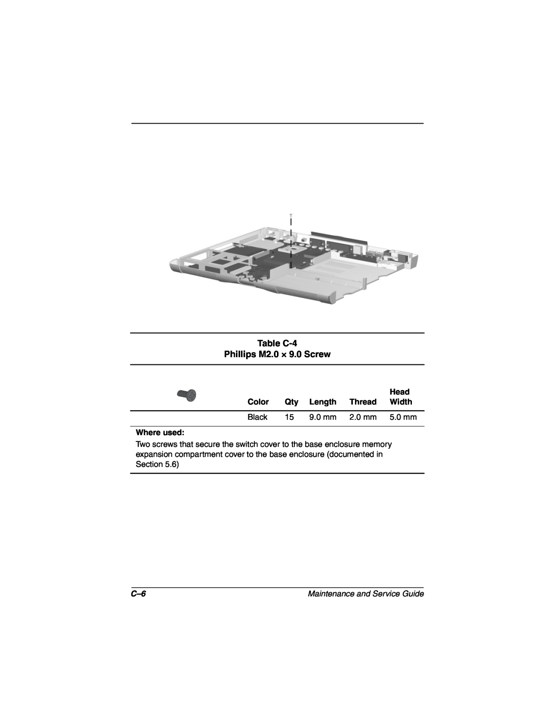 Compaq N160 manual Table C-4 Phillips M2.0 × 9.0 Screw 