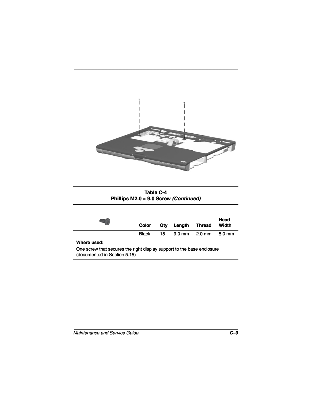 Compaq N160 manual Table C-4 Phillips M2.0 × 9.0 Screw Continued, Maintenance and Service Guide 