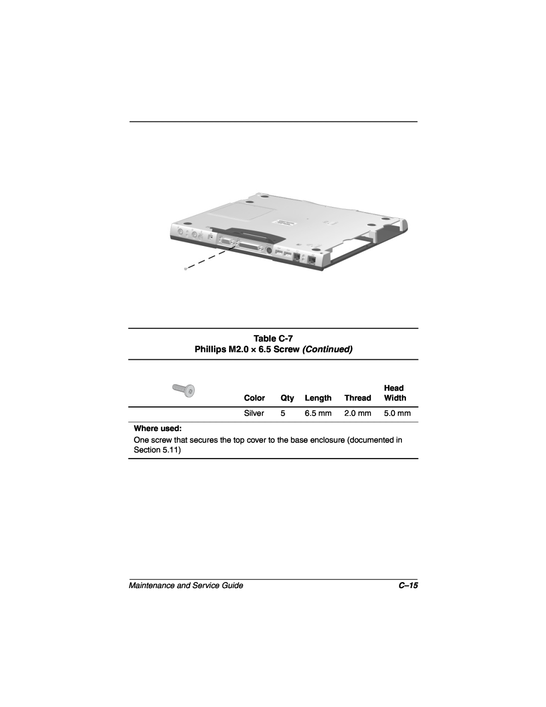 Compaq N160 manual Table C-7 Phillips M2.0 × 6.5 Screw Continued, Maintenance and Service Guide, C-15 