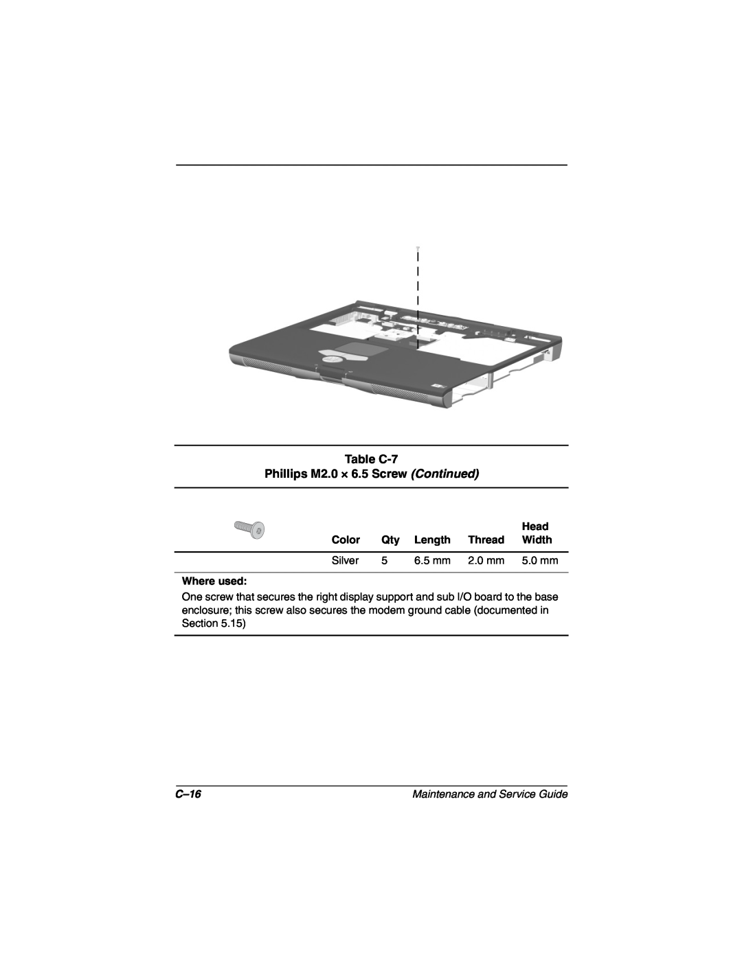 Compaq N160 manual Table C-7 Phillips M2.0 × 6.5 Screw Continued, C-16 