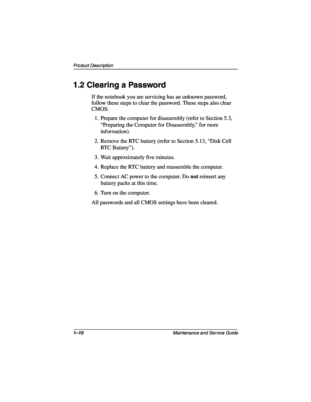 Compaq N160 manual Clearing a Password 