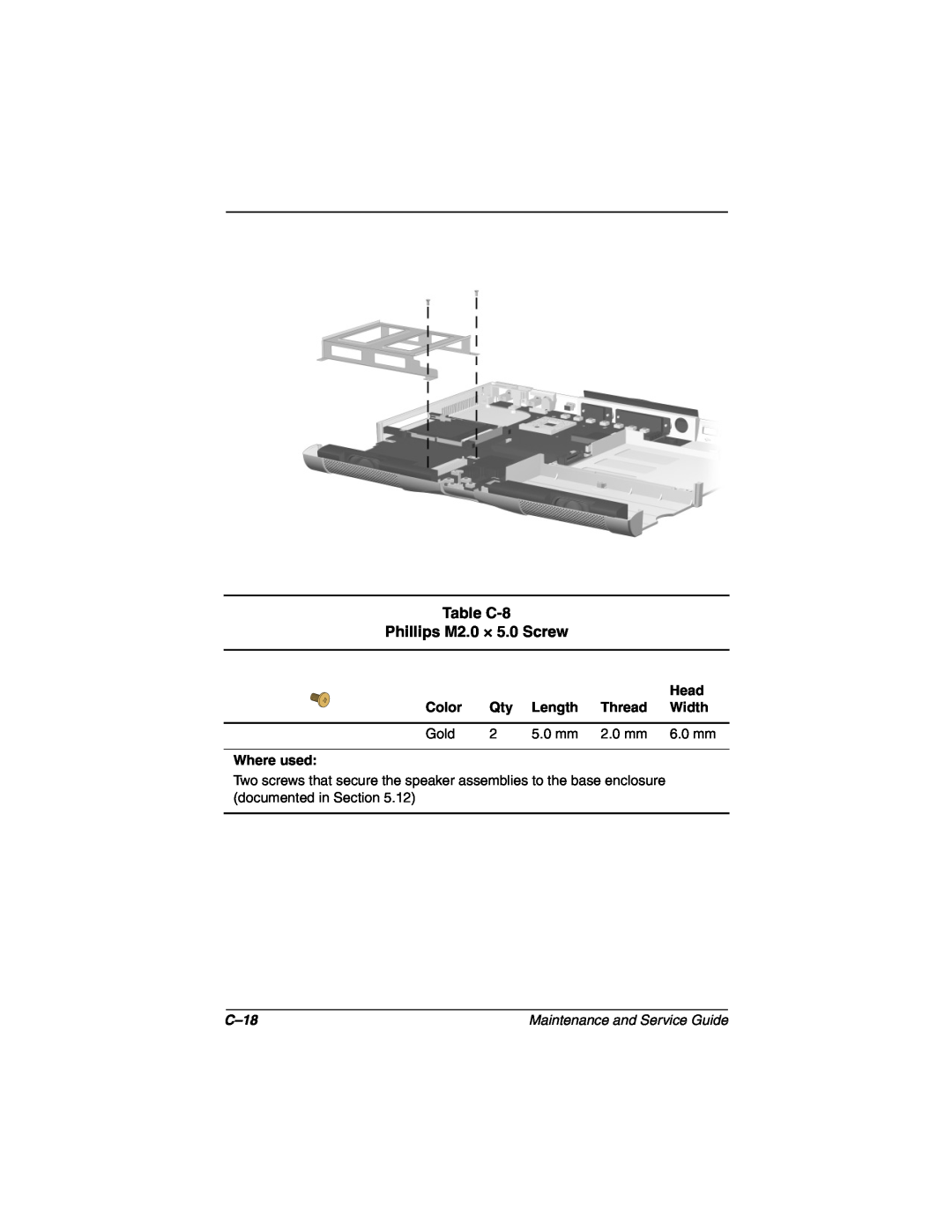 Compaq N160 manual Table C-8 Phillips M2.0 × 5.0 Screw, C-18 