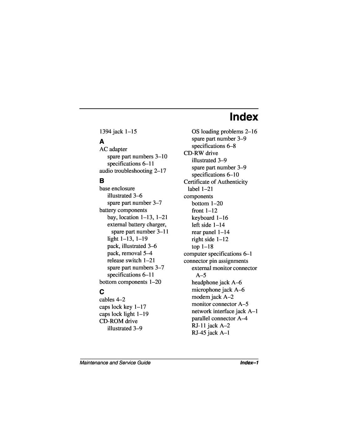 Compaq N160 manual Index 
