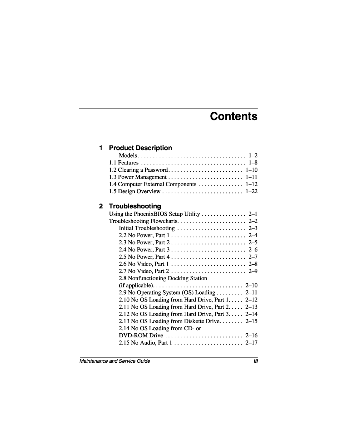 Compaq N160 manual Contents, Product Description, Troubleshooting 