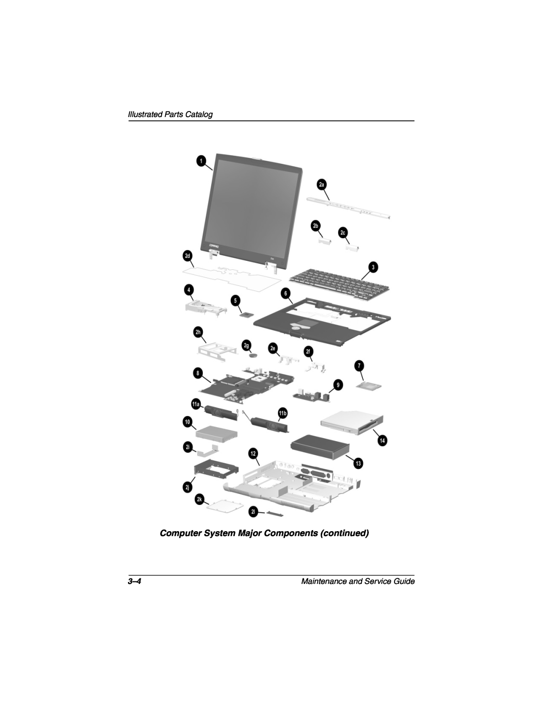 Compaq N160 manual Computer System Major Components continued, Illustrated Parts Catalog, Maintenance and Service Guide 