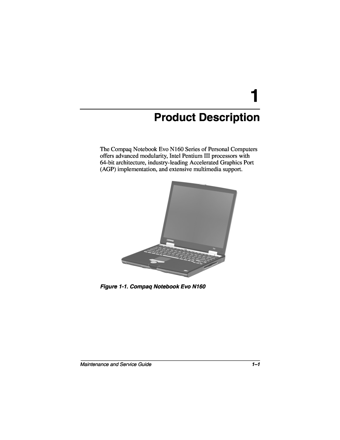 Compaq manual Product Description, 1. Compaq Notebook Evo N160 