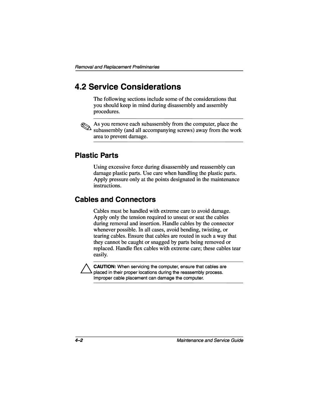 Compaq N160 manual Service Considerations, Plastic Parts, Cables and Connectors 