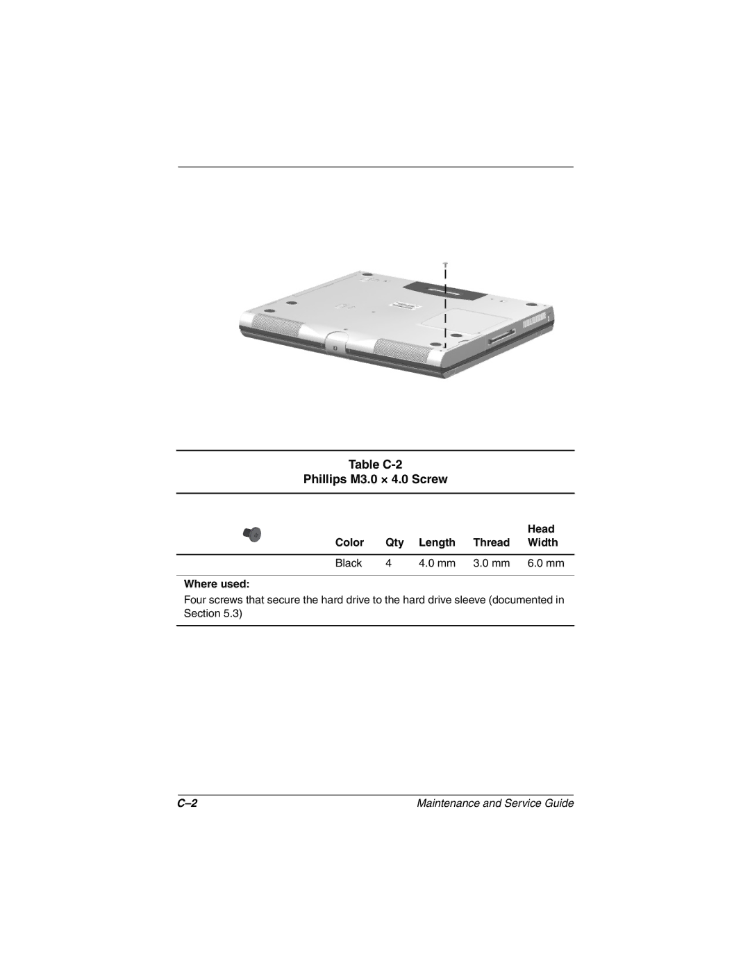 Compaq N160 manual Table C-2 Phillips M3.0 × 4.0 Screw, Head, Color Qty Length Thread Width Black Where used 