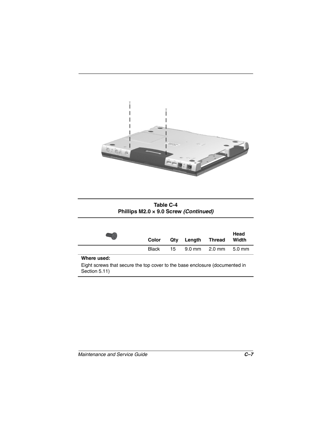 Compaq N160 manual Table C-4 Phillips M2.0 × 9.0 Screw 