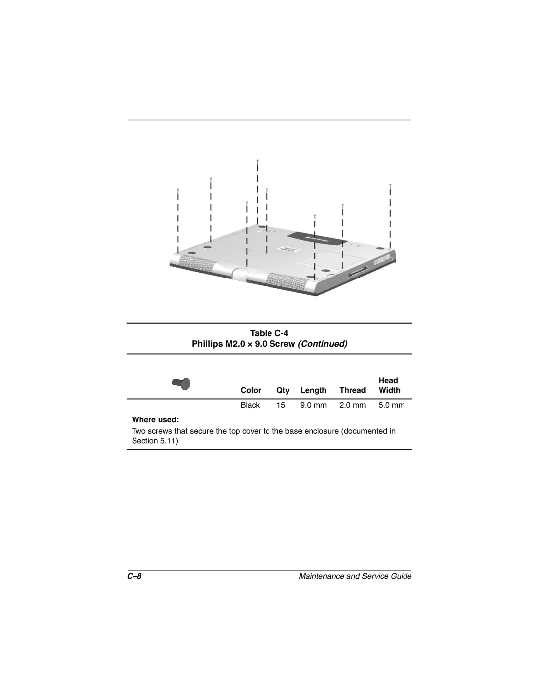 Compaq N160 manual Table C-4 Phillips M2.0 × 9.0 Screw 