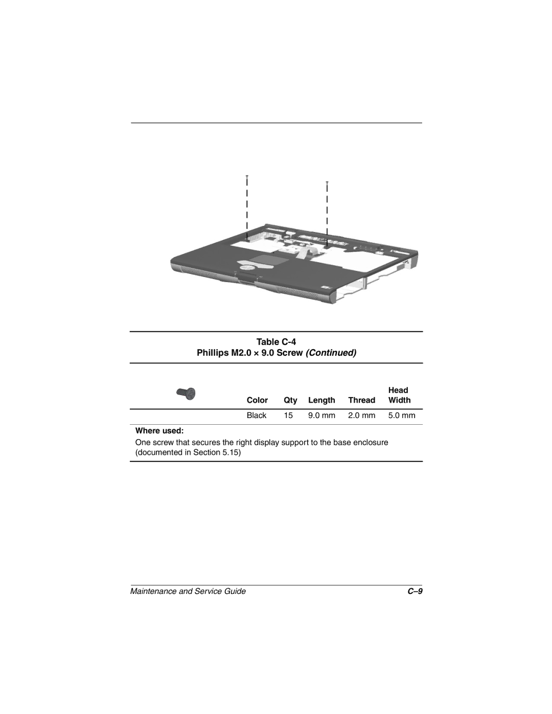 Compaq N160 manual Table C-4 Phillips M2.0 × 9.0 Screw 