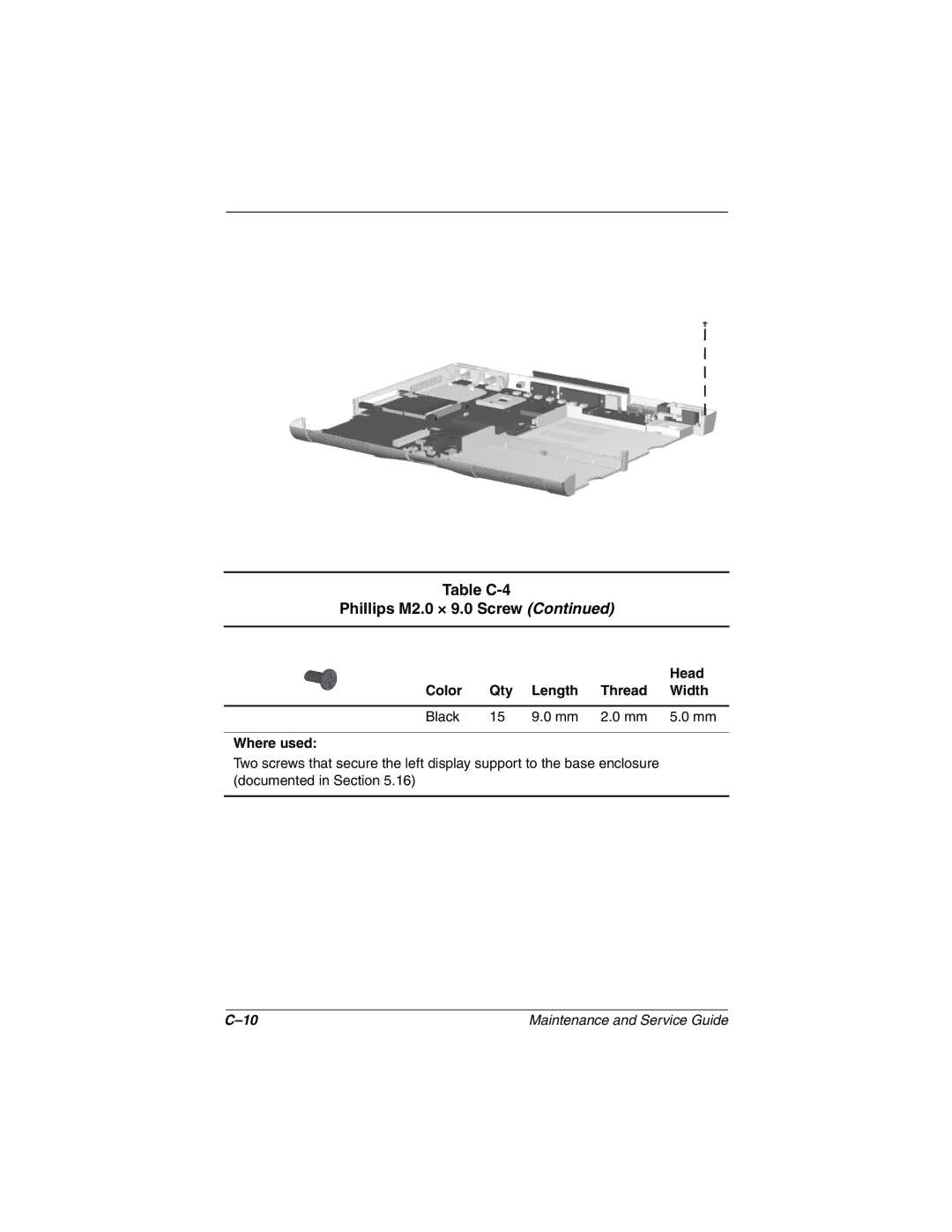 Compaq N160 manual Table C-4 Phillips M2.0 × 9.0 Screw 