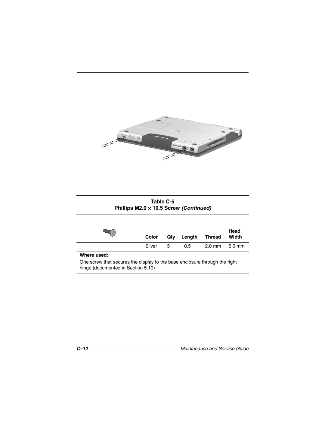 Compaq N160 manual Table C-5 Phillips M2.0 × 10.5 Screw 