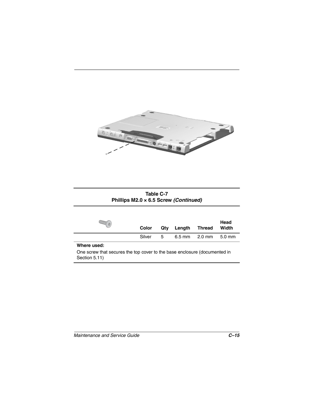 Compaq N160 manual Table C-7 Phillips M2.0 × 6.5 Screw 