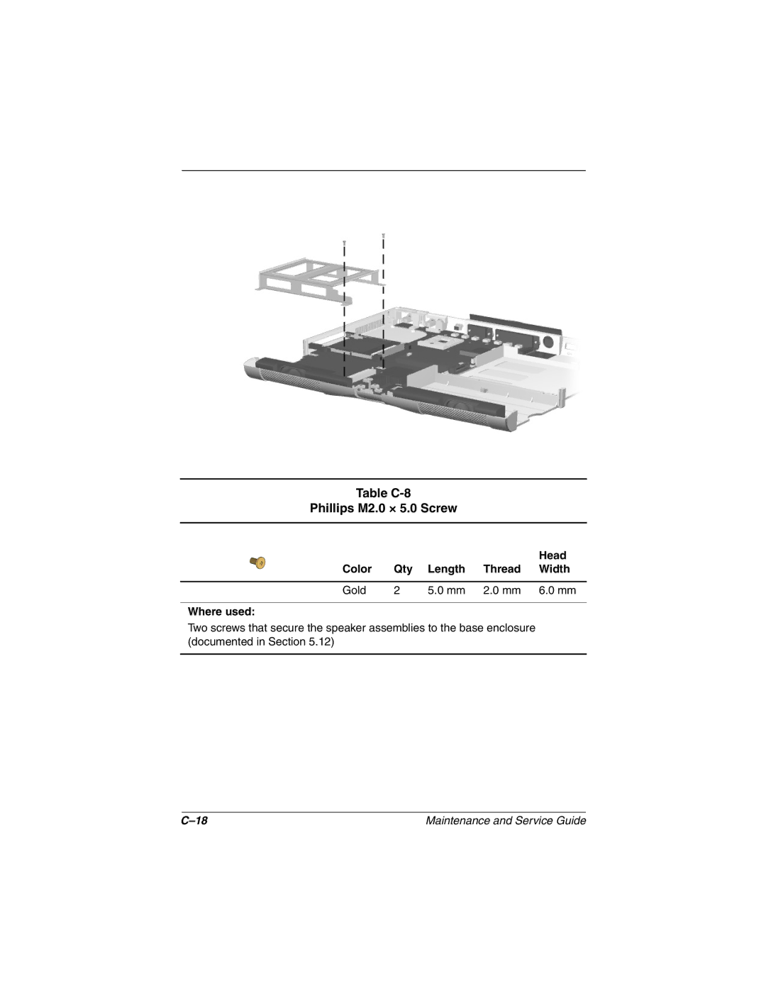 Compaq N160 manual Table C-8 Phillips M2.0 × 5.0 Screw, Color Qty Length Thread Width Gold Where used 