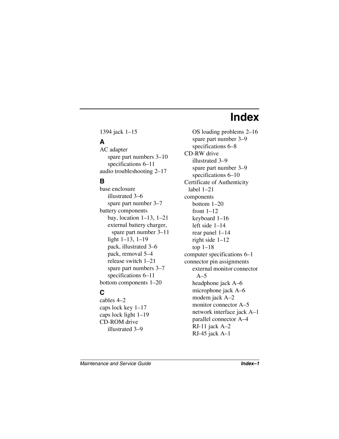 Compaq N160 manual Index 