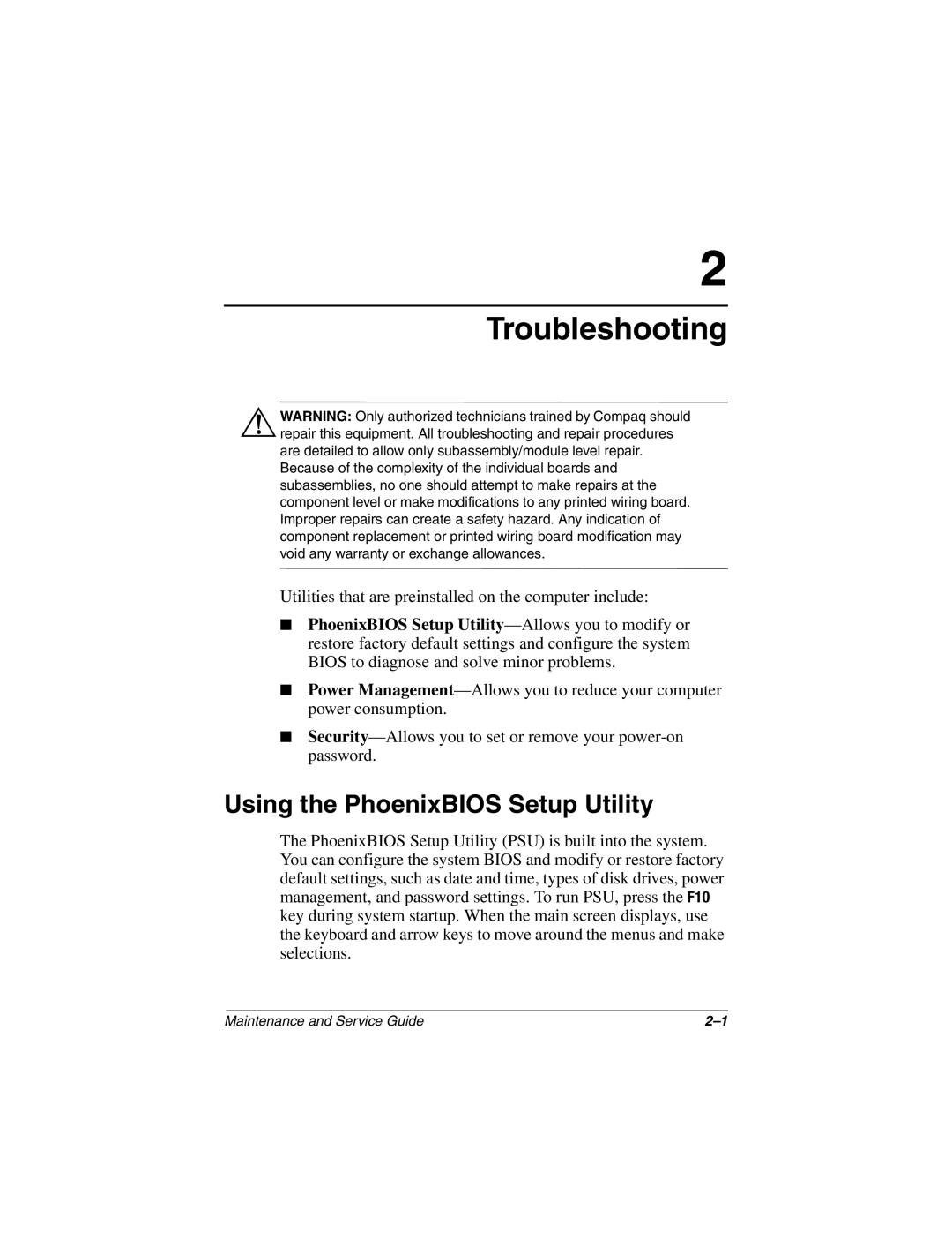 Compaq N160 manual Troubleshooting, Using the PhoenixBIOS Setup Utility 