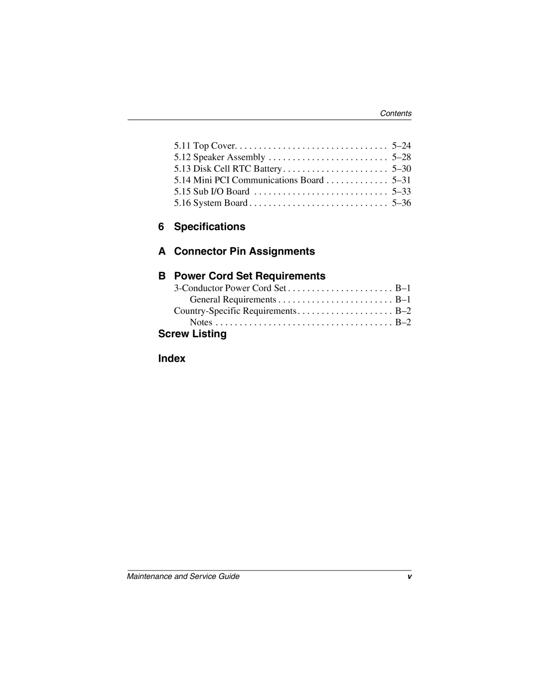 Compaq N160 manual Screw Listing Index 