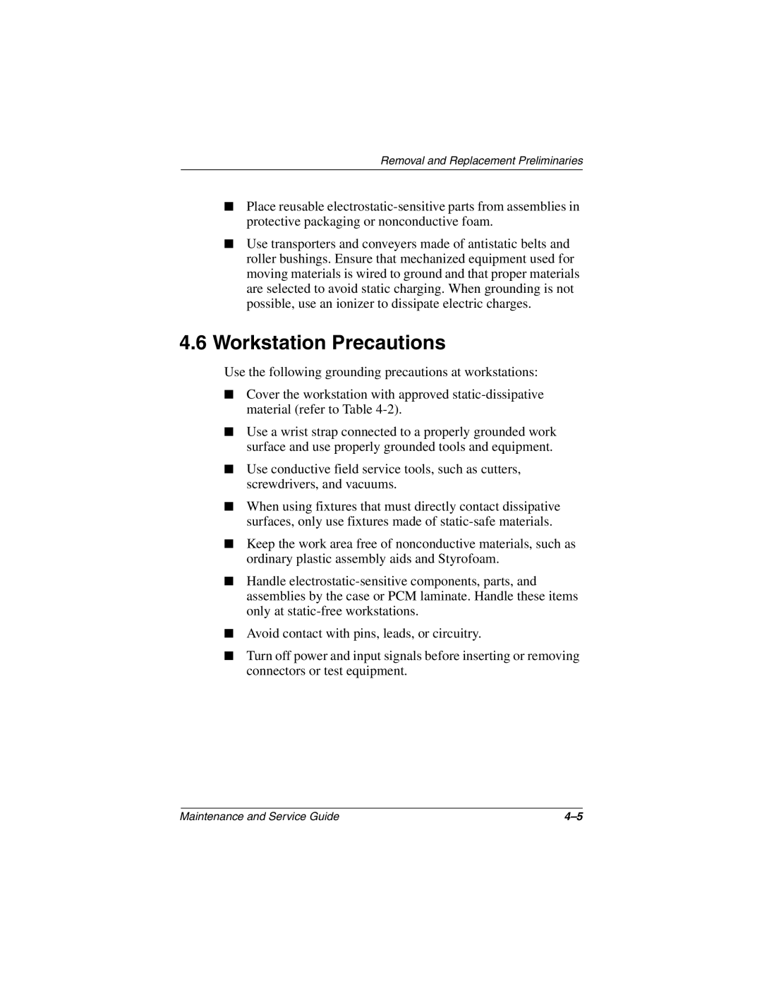 Compaq N160 manual Workstation Precautions 