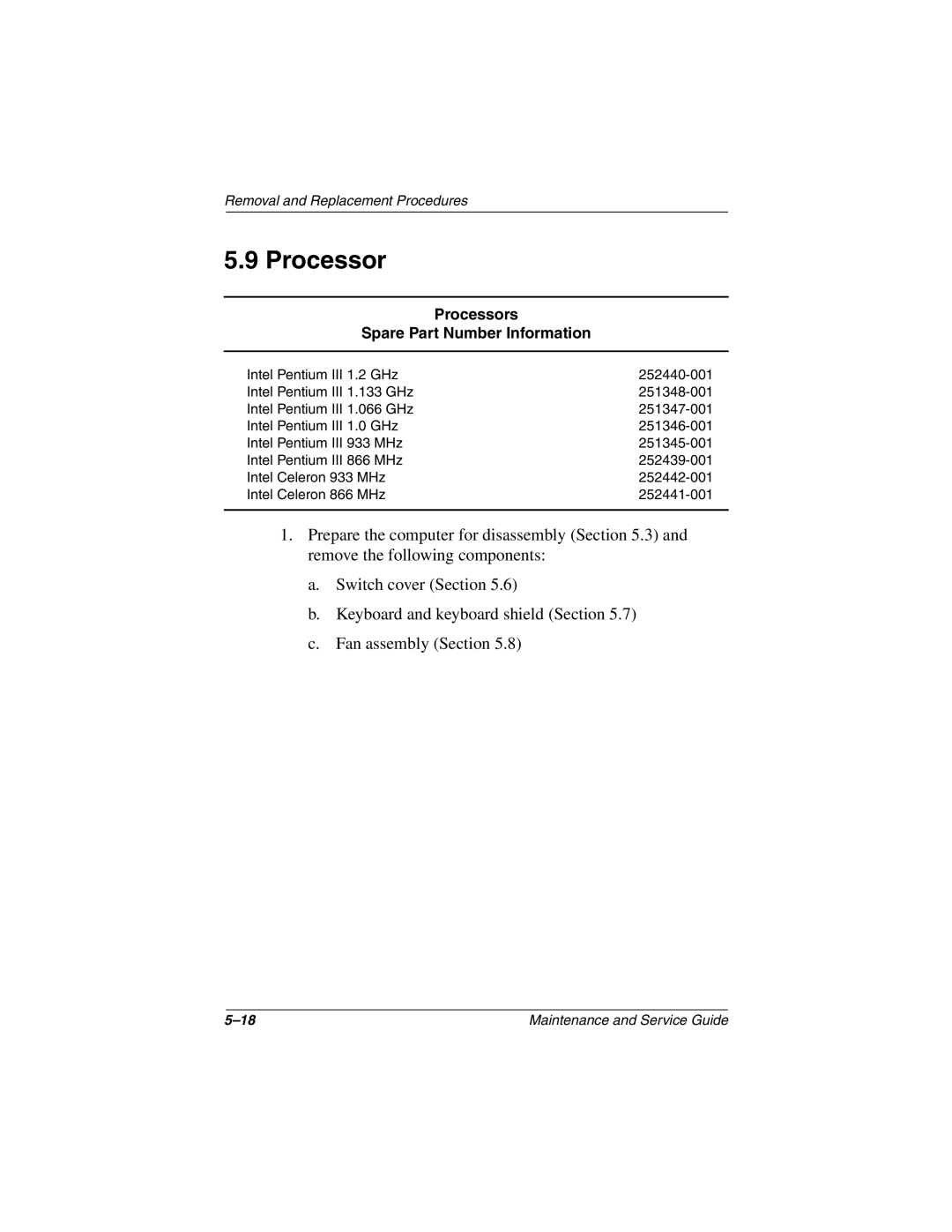 Compaq N160 manual Processors Spare Part Number Information 