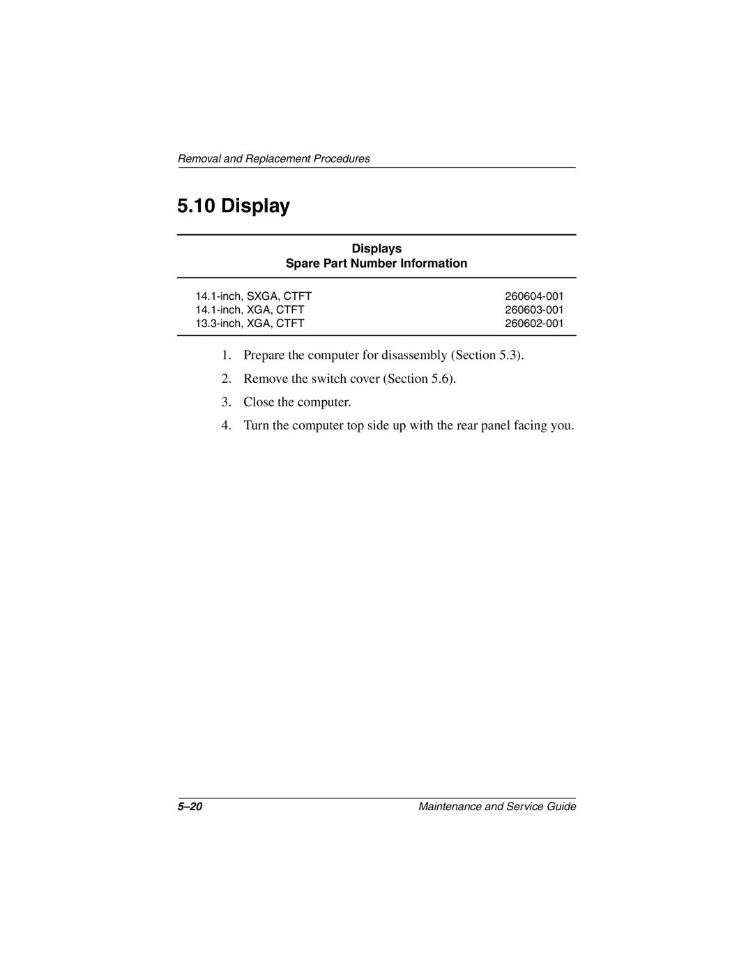 Compaq N160 manual Displays Spare Part Number Information 