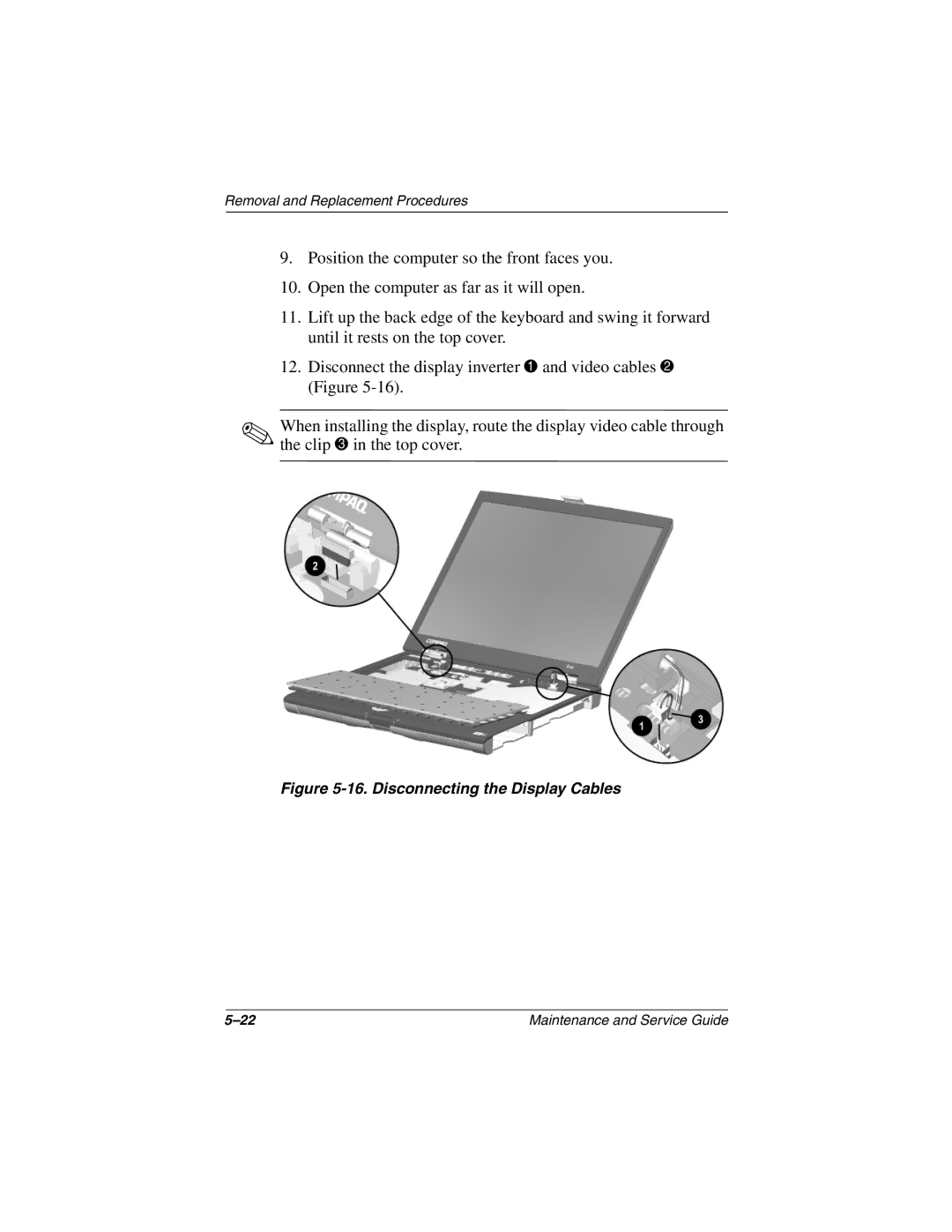 Compaq N160 manual Disconnecting the Display Cables 