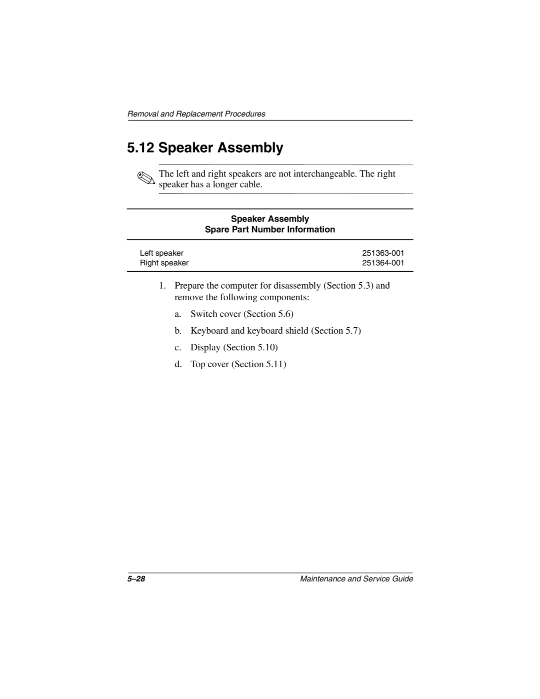 Compaq N160 manual Speaker Assembly Spare Part Number Information 