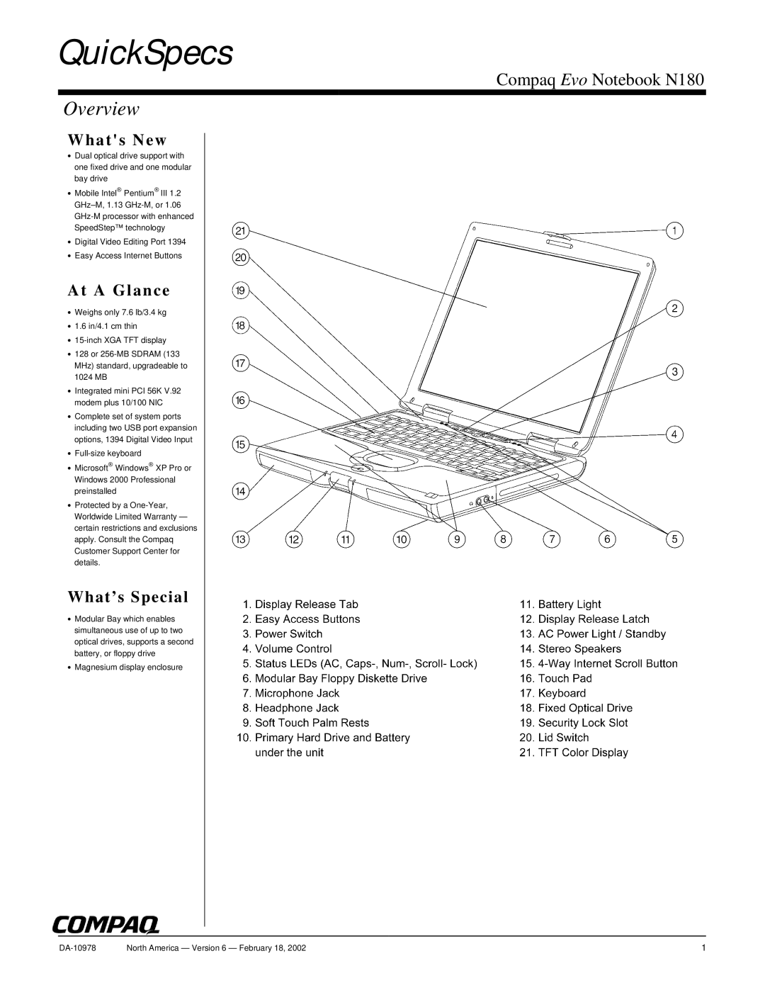 Compaq N180 warranty QuickSpecs, Overview 