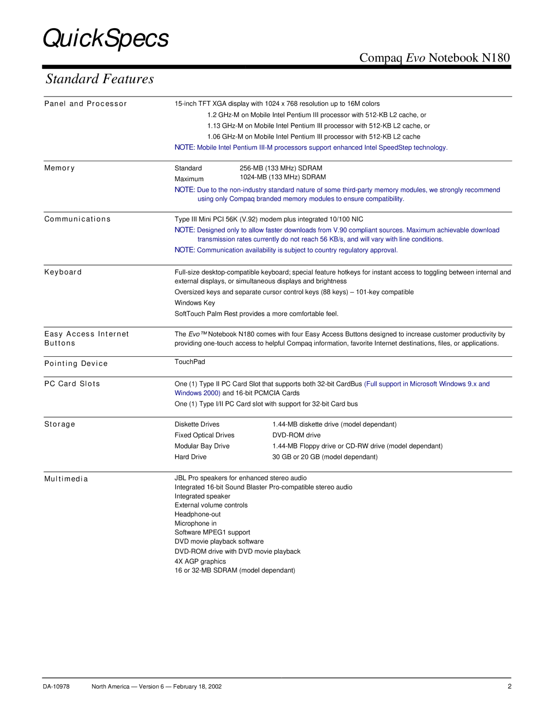 Compaq N180 warranty Standard Features 