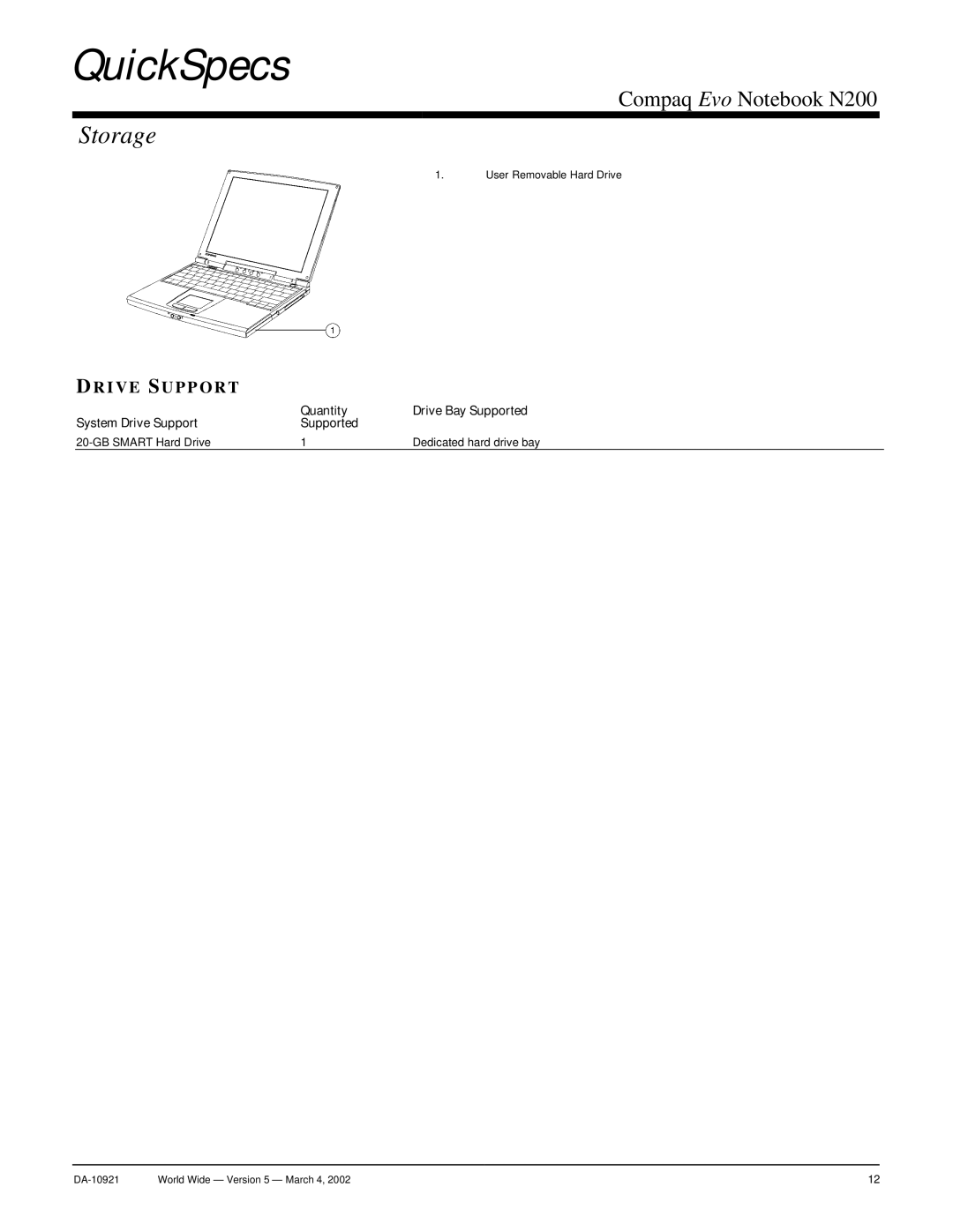 Compaq N200 warranty Storage, Drive Support 