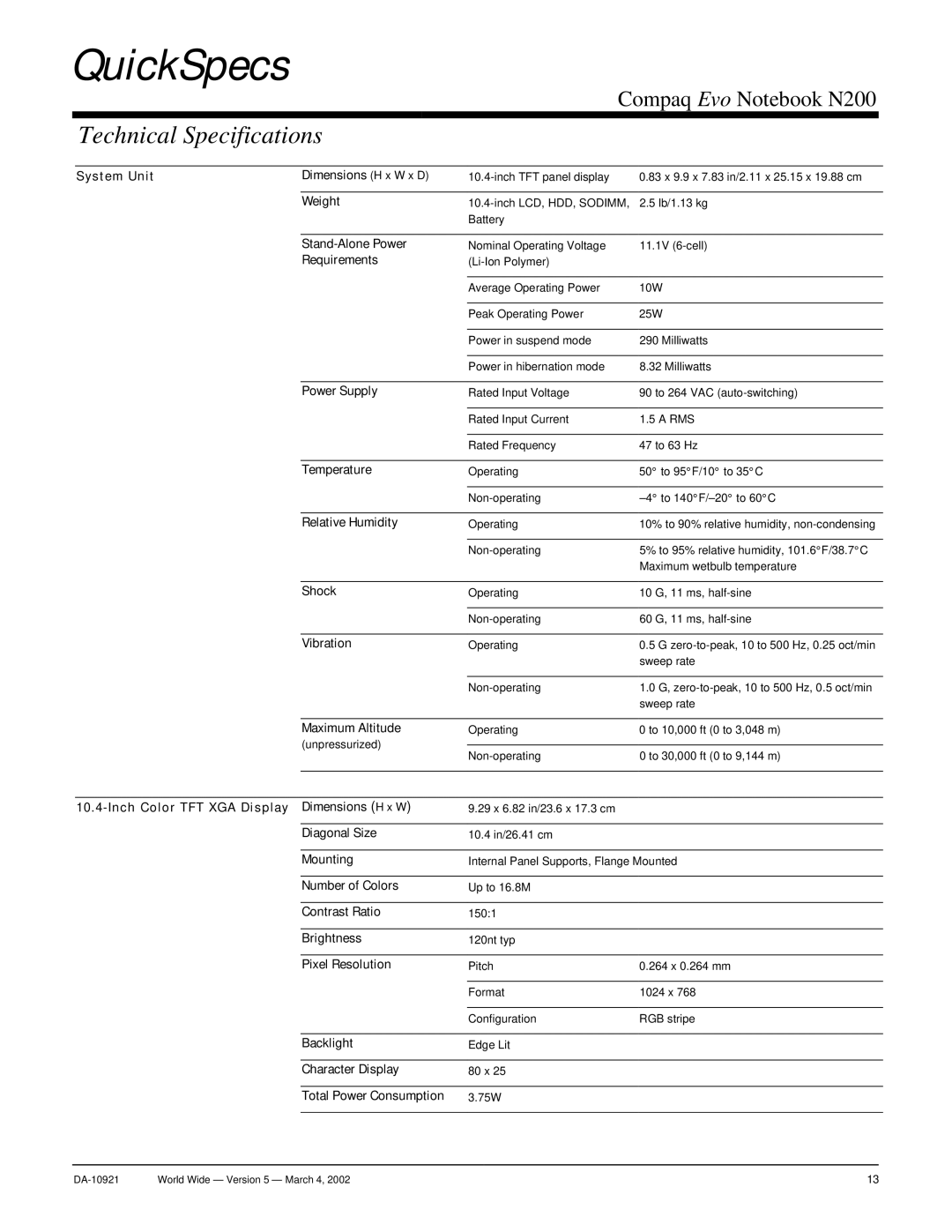 Compaq N200 warranty Technical Specifications 