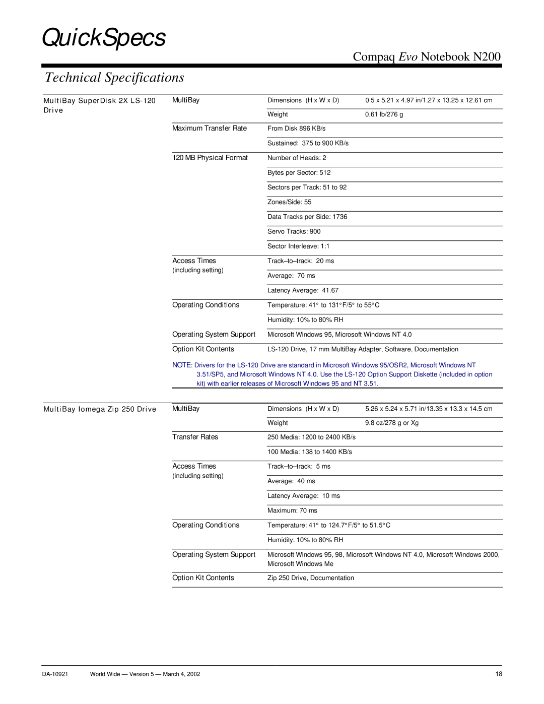 Compaq N200 warranty MultiBay SuperDisk 2X LS-120 Drive, Maximum Transfer Rate, MB Physical Format, Operating Conditions 