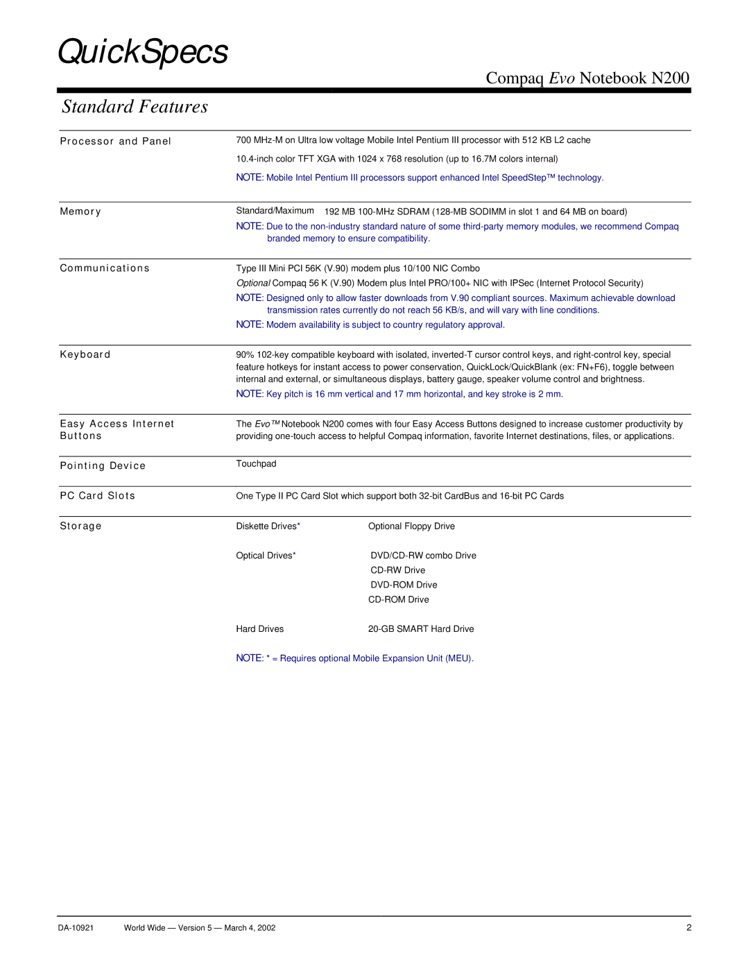 Compaq N200 warranty Standard Features 