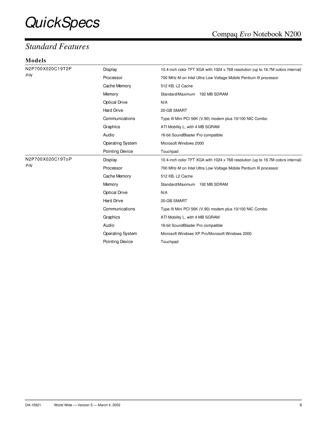 Compaq N200 N2 P7 00 X0 20 C1 9T2 P Display, Processor, Cache Memory, Optical Drive Hard Drive, Communications, Graphics 