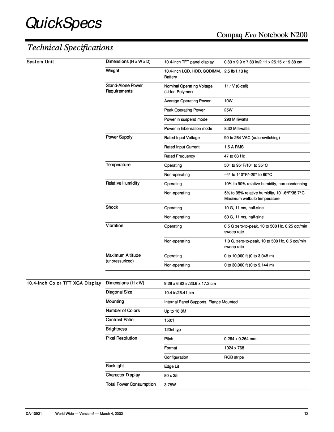 Compaq warranty Technical Specifications, QuickSpecs, Compaq Evo Notebook N200 