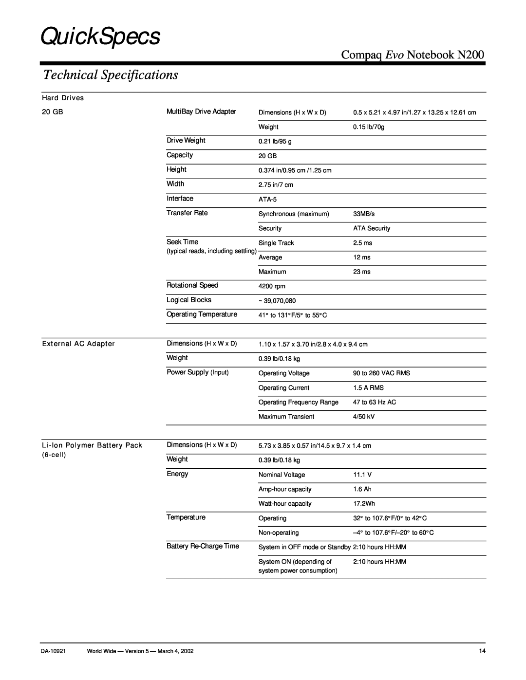 Compaq warranty QuickSpecs, Technical Specifications, Compaq Evo Notebook N200 