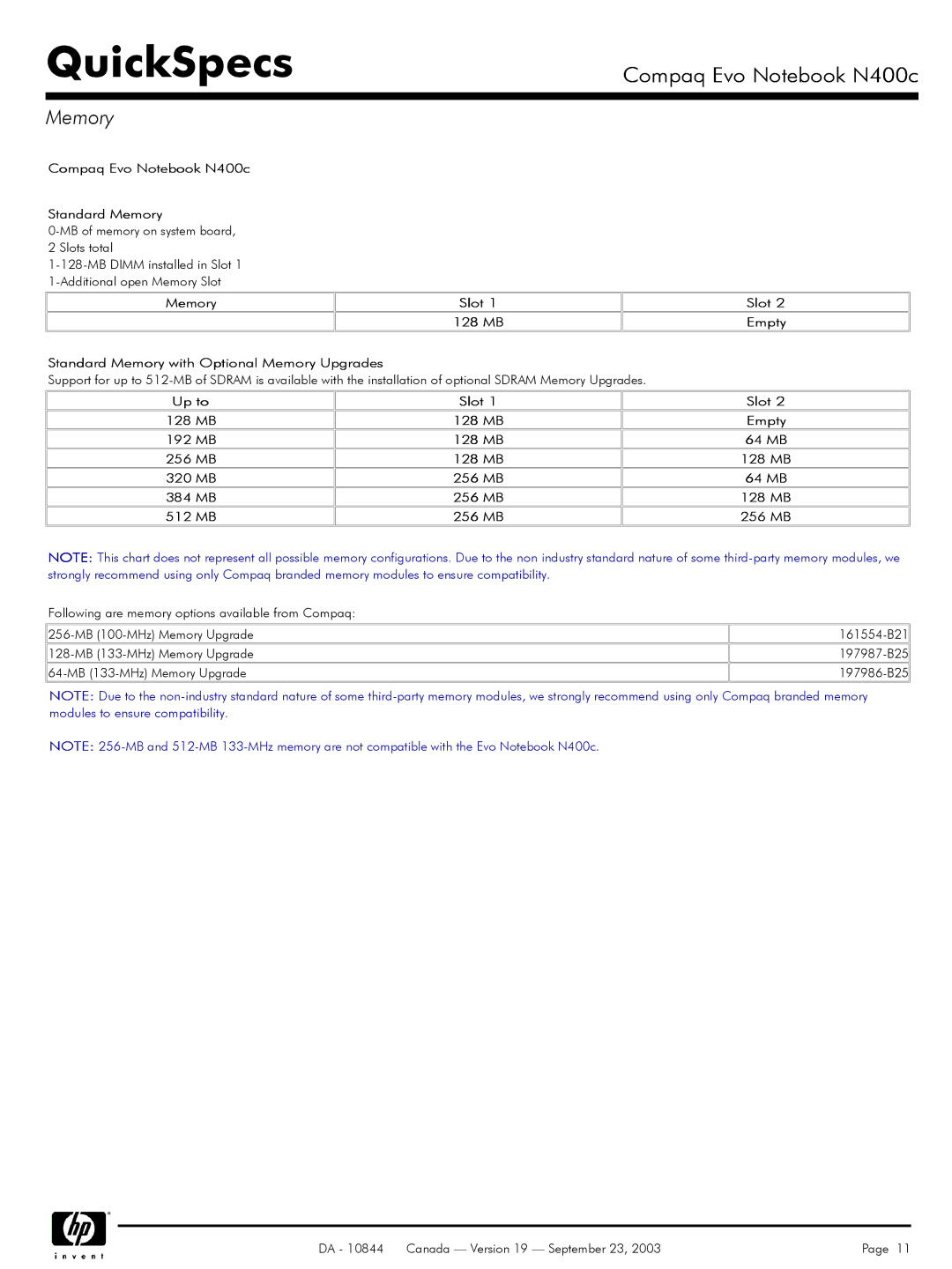 Compaq manual Compaq Evo Notebook N400c Standard Memory, Up to Slot 128 MB 