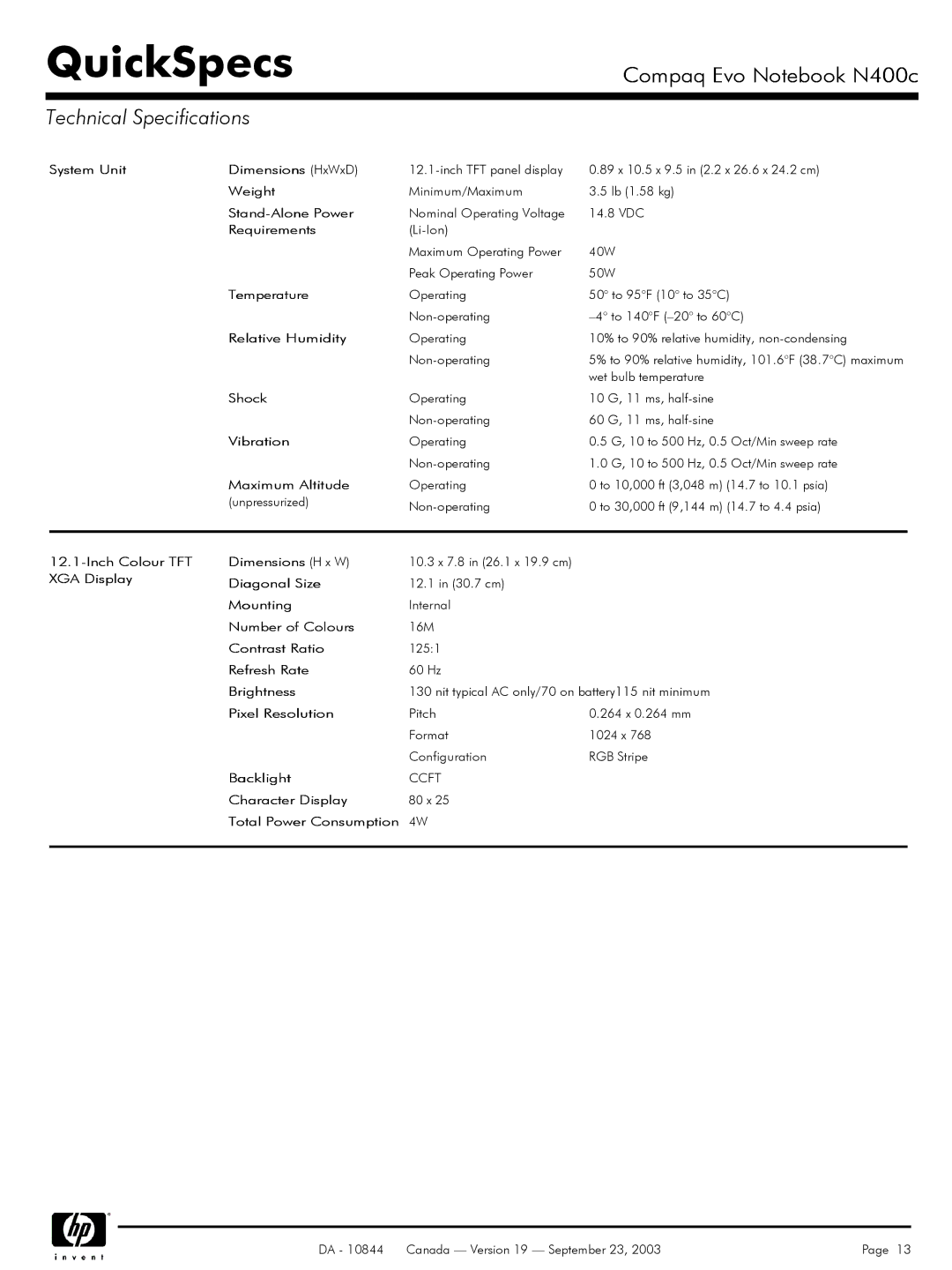 Compaq N400c manual Technical Specifications 