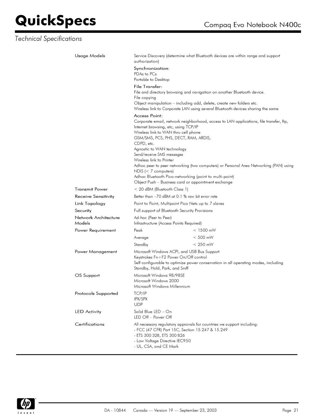 Compaq N400c manual Usage Models, Synchronization, File Transfer, Access Point, Receive Sensitivity, Link Topology 