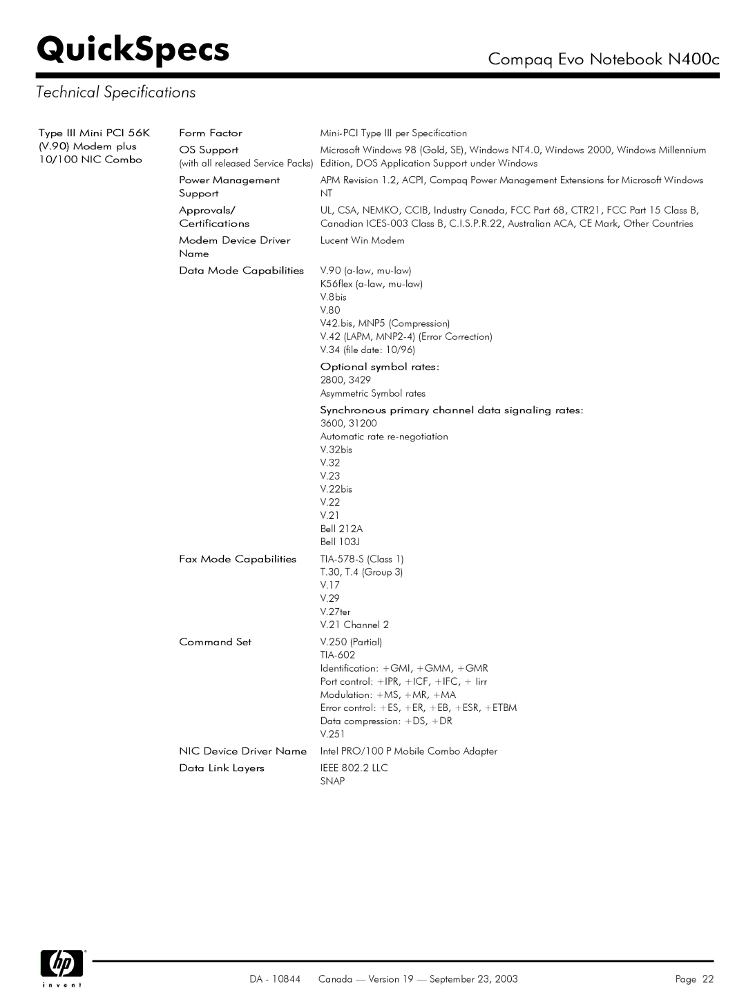 Compaq N400c manual Support Approvals, Modem Device Driver, Name Data Mode Capabilities, Optional symbol rates, Command Set 