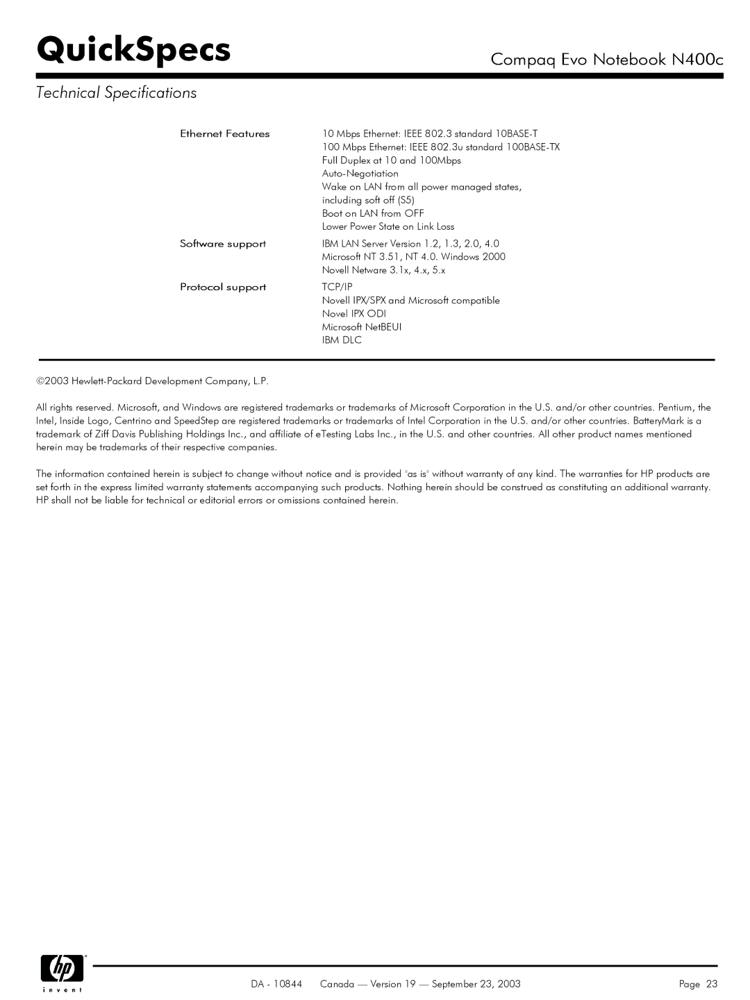 Compaq N400c manual Ethernet Features, Software support, Protocol support 