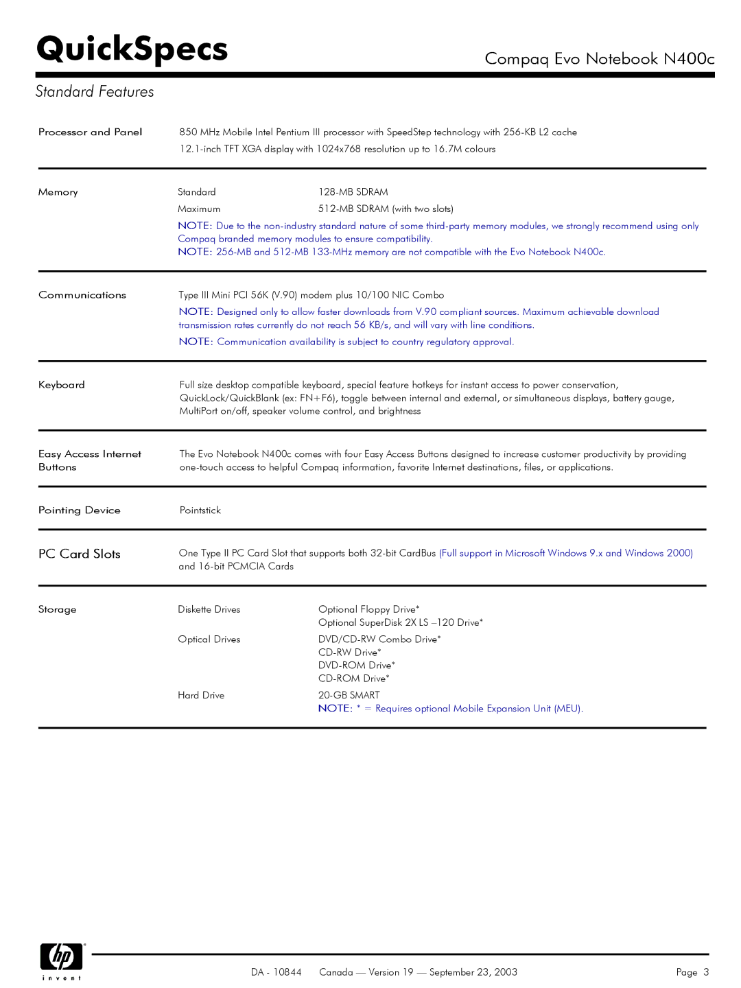 Compaq N400c manual Standard Features 