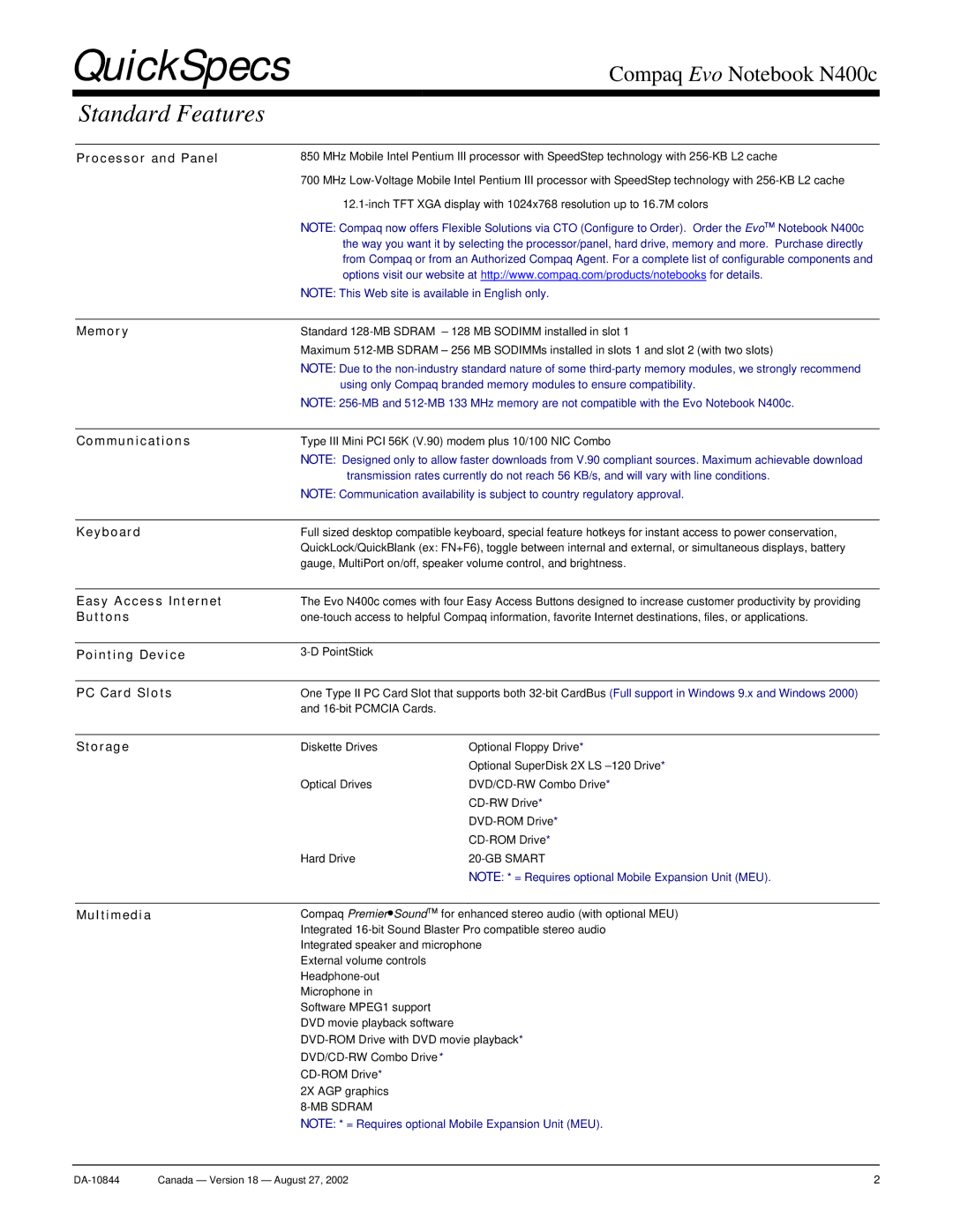 Compaq N400c warranty Standard Features 