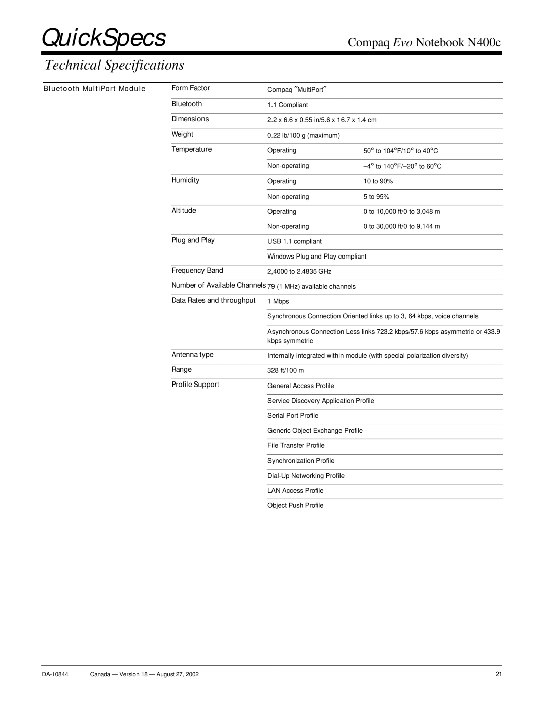 Compaq N400c warranty Bluetooth MultiPort Module Form Factor, Dimensions, Range, Profile Support 