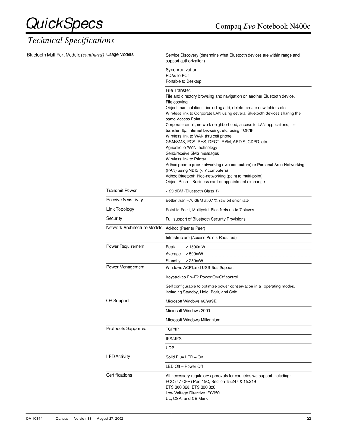 Compaq N400c Bluetooth MultiPort Module Usage Models, Synchronization, File Transfer, Receive Sensitivity, Link Topology 