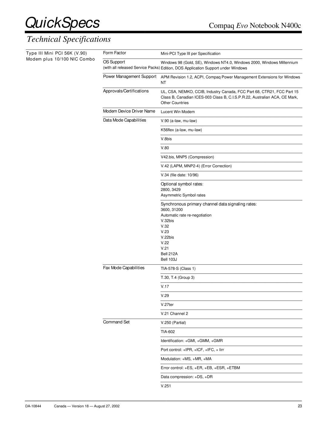 Compaq N400c warranty Power Management Support, Approvals/Certifications, Modem Device Driver Name, Data Mode Capabilities 