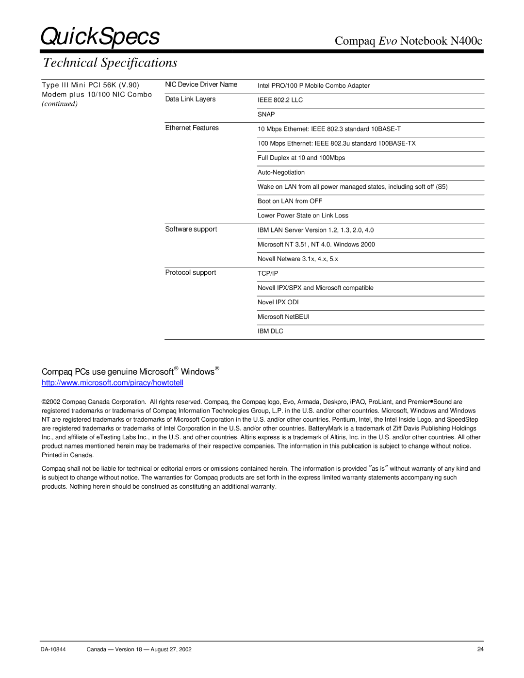 Compaq N400c warranty Data Link Layers, Ethernet Features, Software support, Protocol support 